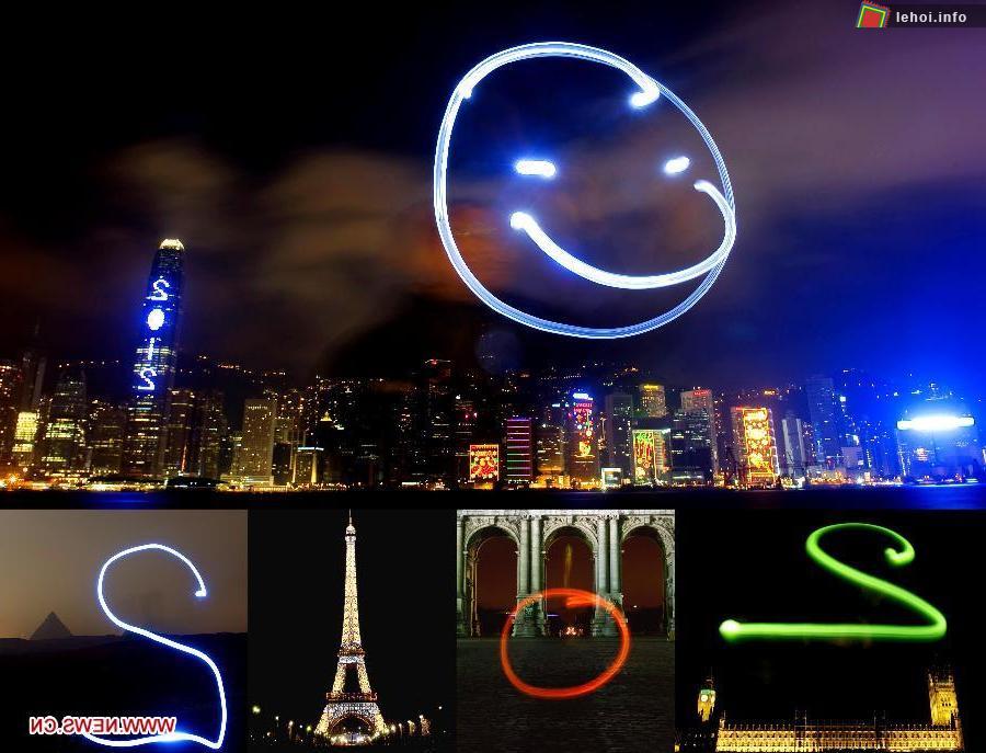 &nbsp; &nbsp;Bức ảnh kết hợp ảnh sáng ở Hong Kong, London, Brussels, Paris và Cairo cho thấy một khuôn mặt đang mỉm cười và con số năm mới 2012.